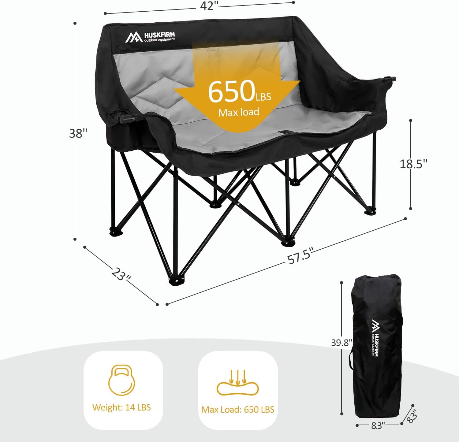 2 Person Camping Chair Oversized Loveseat Camping Chair Double Camping Chairs for Adults Heavy Duty Camping Couch Black Outdoor Folding Chair Portable Patio Lawn Chair - Image 3