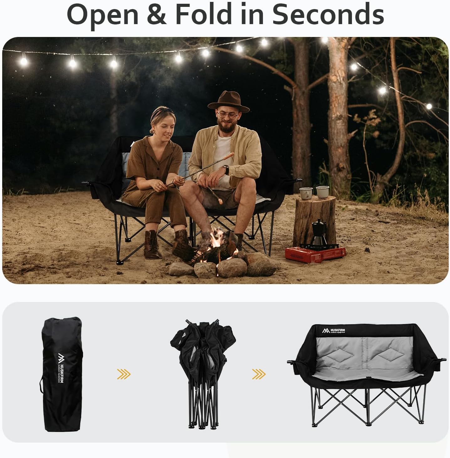 2 Person Camping Chair Oversized Loveseat Camping Chair Double Camping Chairs for Adults Heavy Duty Camping Couch Black Outdoor Folding Chair Portable Patio Lawn Chair - Image 4