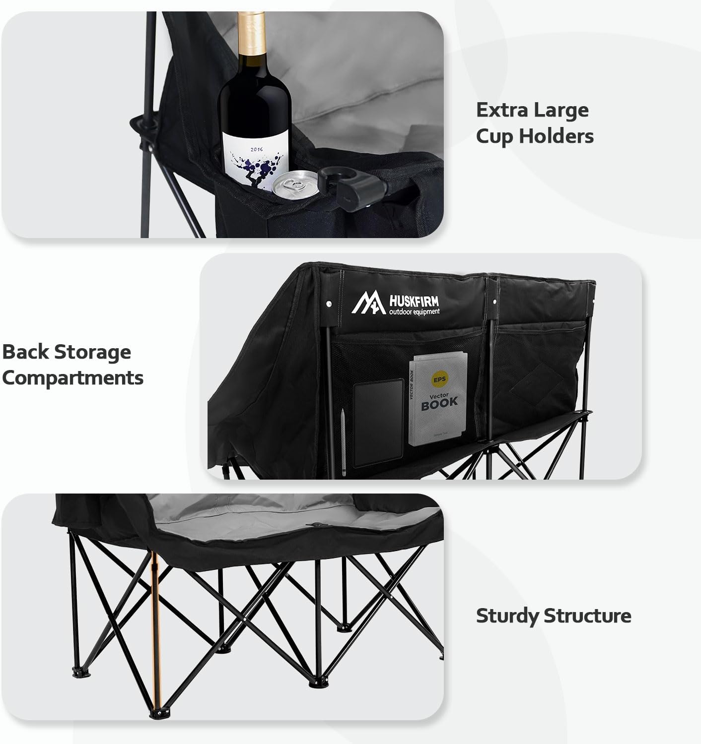 2 Person Camping Chair Oversized Loveseat Camping Chair Double Camping Chairs for Adults Heavy Duty Camping Couch Black Outdoor Folding Chair Portable Patio Lawn Chair - Image 5