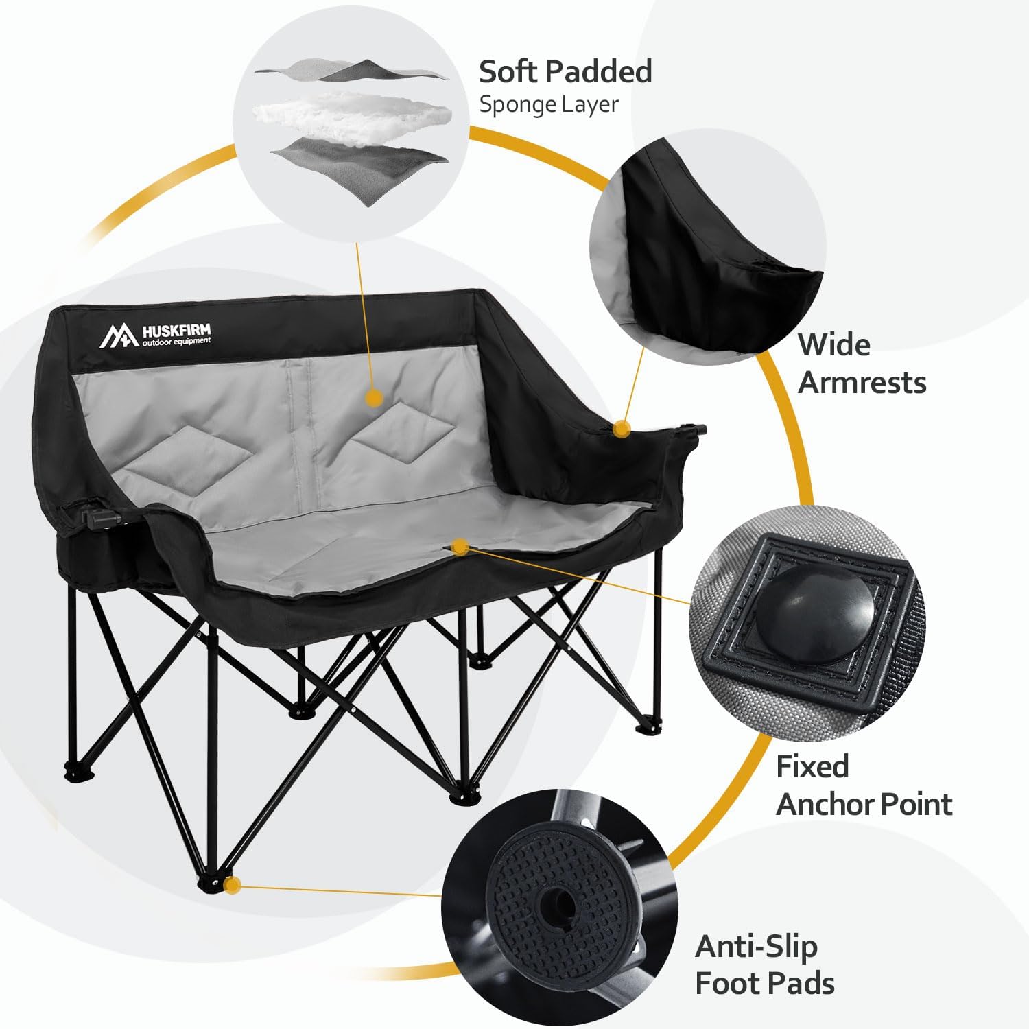 2 Person Camping Chair Oversized Loveseat Camping Chair Double Camping Chairs for Adults Heavy Duty Camping Couch Black Outdoor Folding Chair Portable Patio Lawn Chair - Image 6