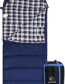 REDCAMP Flannel Sleeping Bag for Adults, Comfortable Cotton Sleeping Bags for Camping with Detachable Hood, Red/Grey/Blue