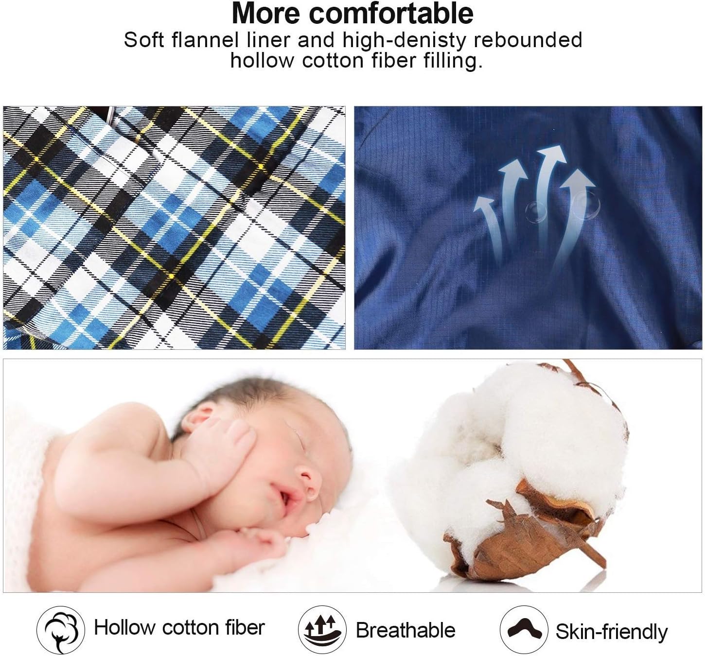 REDCAMP Flannel Sleeping Bag for Adults, Comfortable Cotton Sleeping Bags for Camping with Detachable Hood, Red/Grey/Blue - Image 3