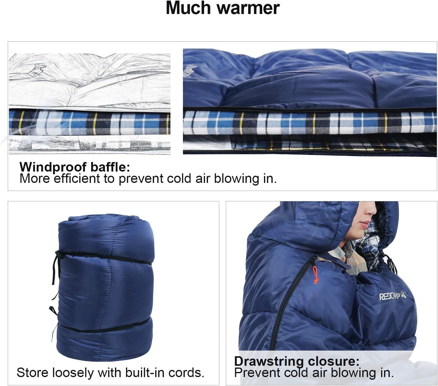 REDCAMP Flannel Sleeping Bag for Adults, Comfortable Cotton Sleeping Bags for Camping with Detachable Hood, Red/Grey/Blue - Image 4