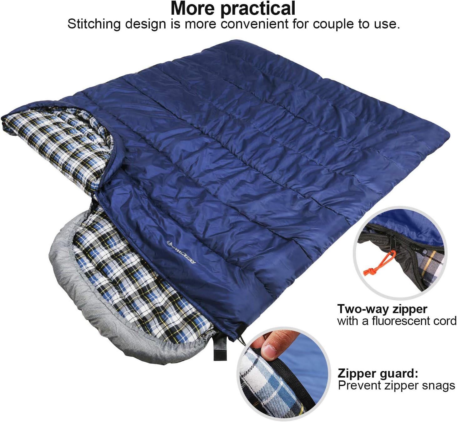REDCAMP Flannel Sleeping Bag for Adults, Comfortable Cotton Sleeping Bags for Camping with Detachable Hood, Red/Grey/Blue - Image 5